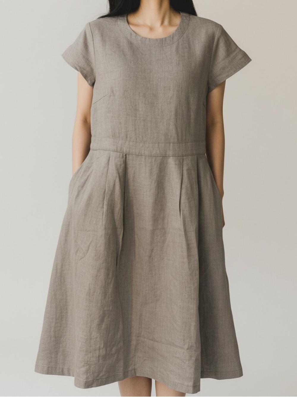 MUJI French Linen Short Sleeve Dress in Straw Small NWT